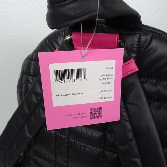 Kate Spade NY Softwear Quilted Nylon Medium Backpack Laptop Bag Black Pink NWT main image 2